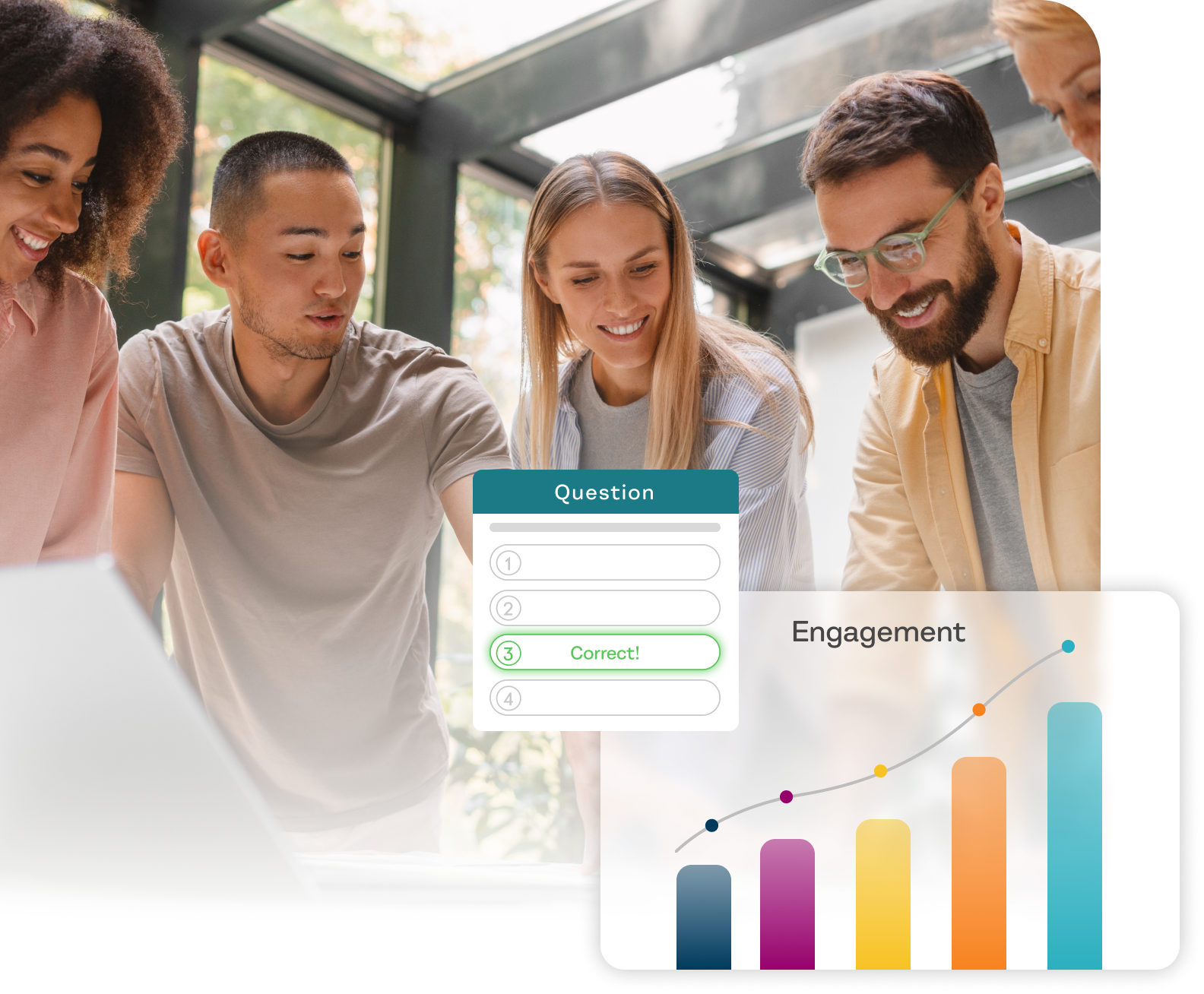 Co-workers collaborating on laptop in office. UI callouts on top of and around image showing questio being answered and engagement bar graph.