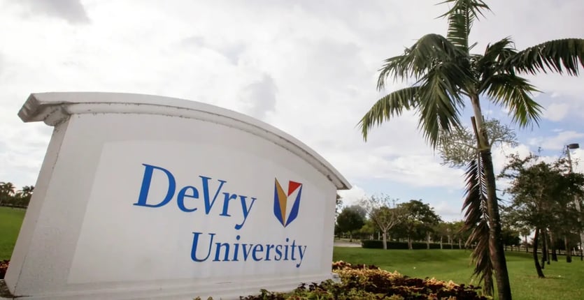 Devry university sign outside with palm tree