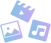 Video, image, and music icons, each with blue-purple gradient fill.