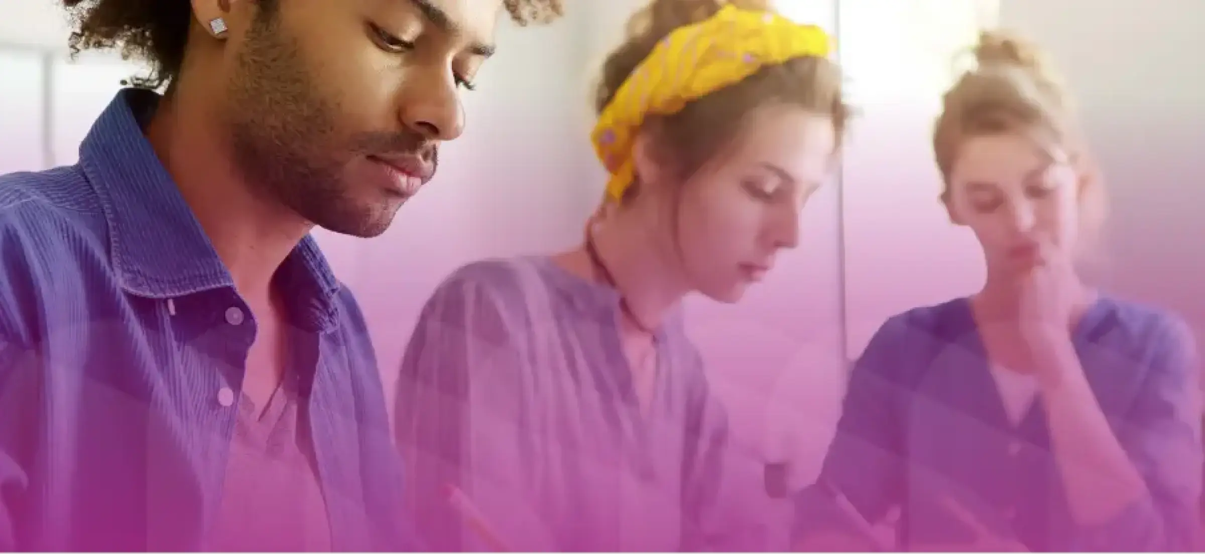 Three students focused on an assignment with a light purple gradient overlay