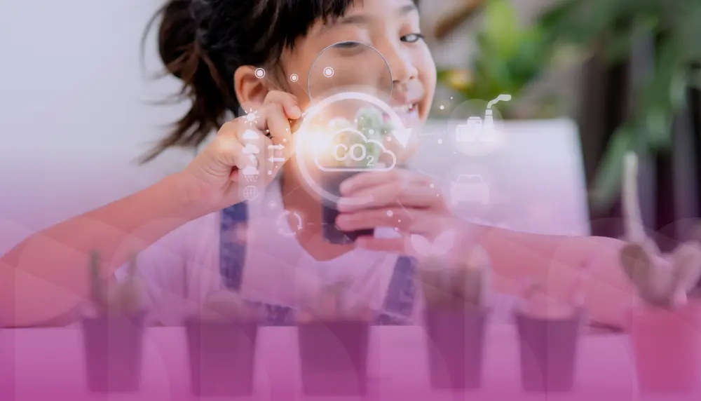 Young girl looking at something through magnifying glass. Magenta filter on top of image.