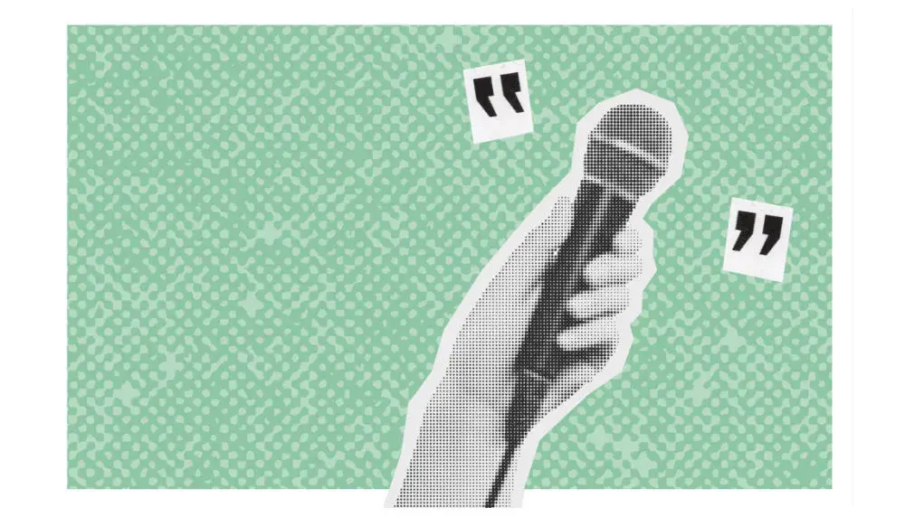 Green textured background with graphic on top of hand holding microphone. 