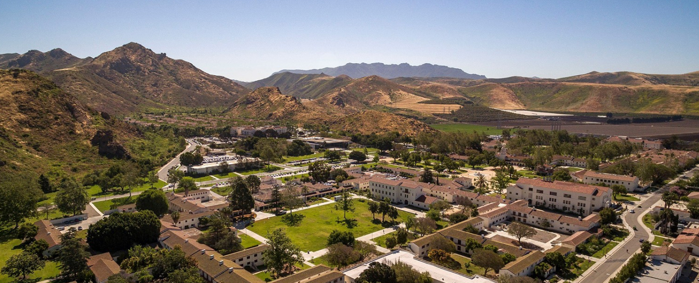 Aerial angle of college campus in mountains.