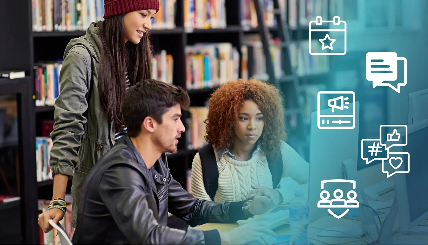 College students working on a computer with illuminated social icons on the right
