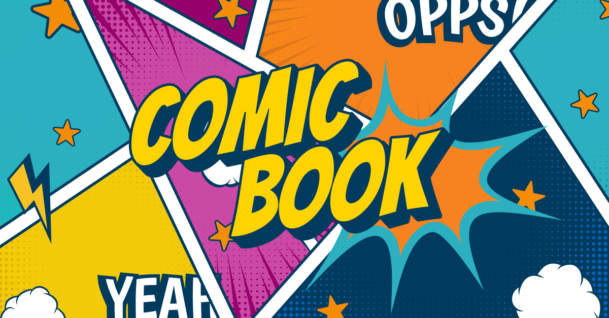 Comic book illustration with panels, stars, and lightning bolts
