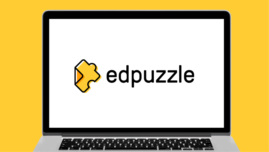 Edpuzzle logo on open laptop. Yellow background.