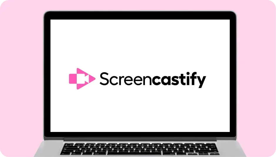 Screencastify logo on open laptop. Pink background.