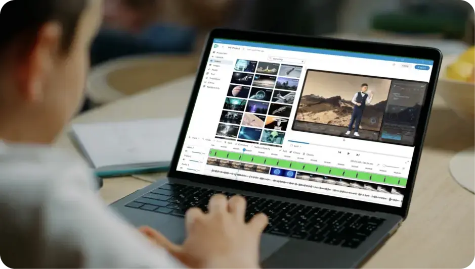 Student using WeVideo on laptop.