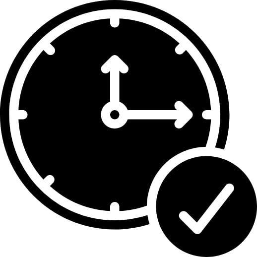 Black icon, clock and checkmark.