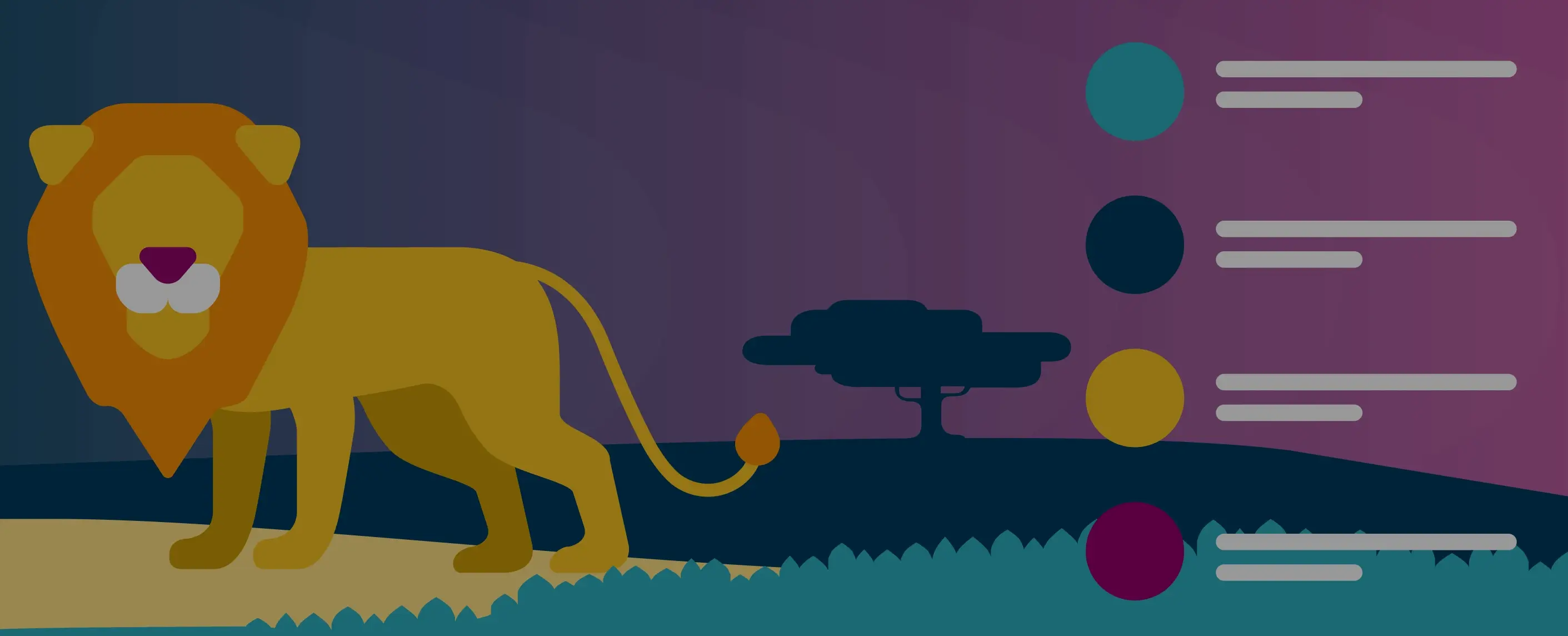 Illustration of an animal fact sheet with a lion and several bullet points beside it.