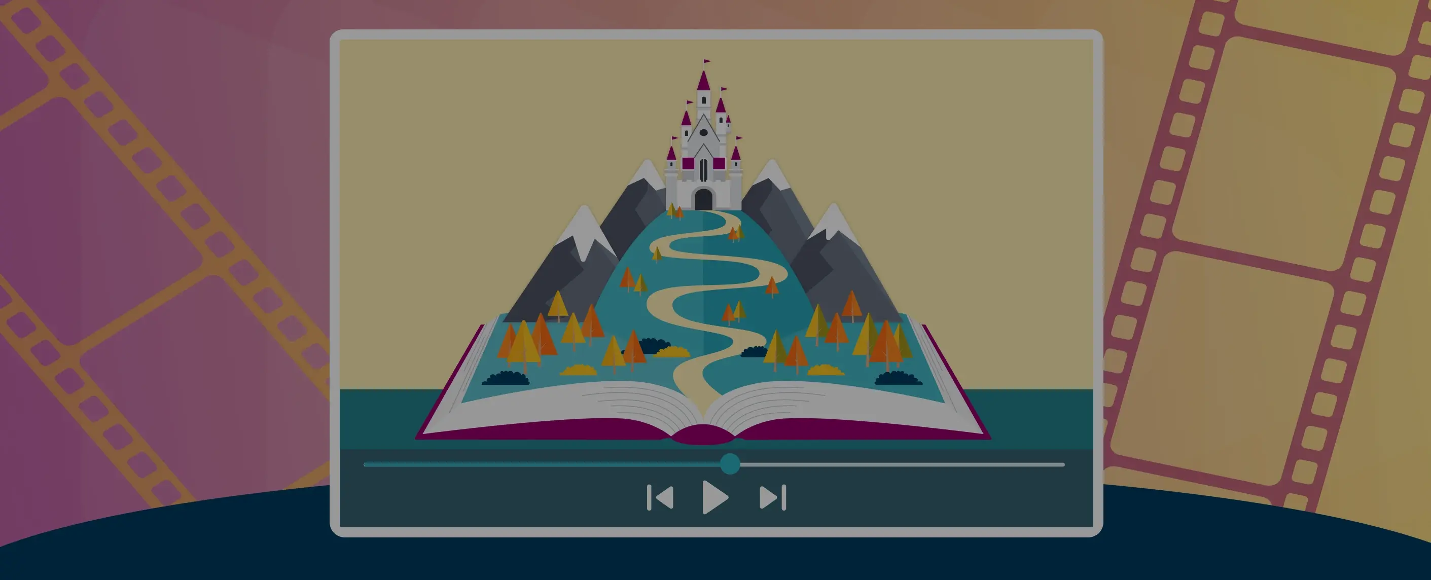 A 3D fantasy book illustration with film strips for a book trailer project.