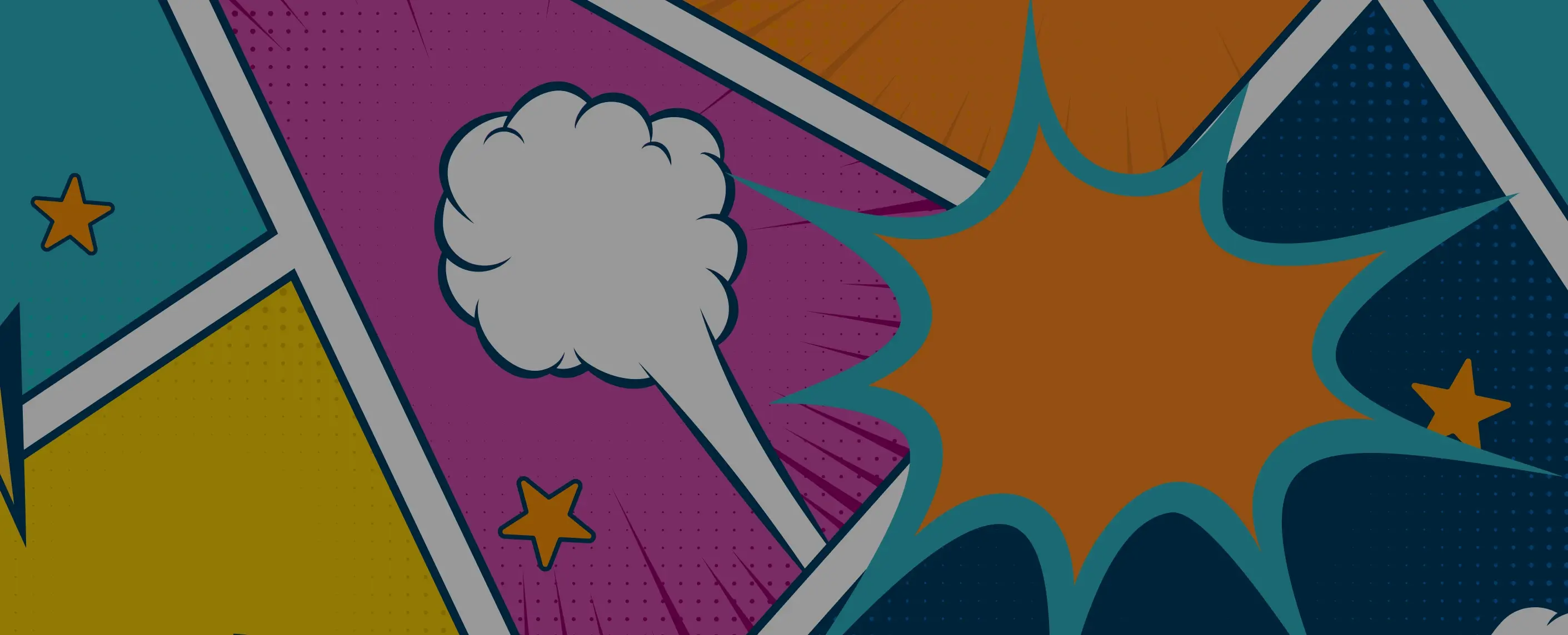 Comic book illustration with panels, stars, and lightning bolts.