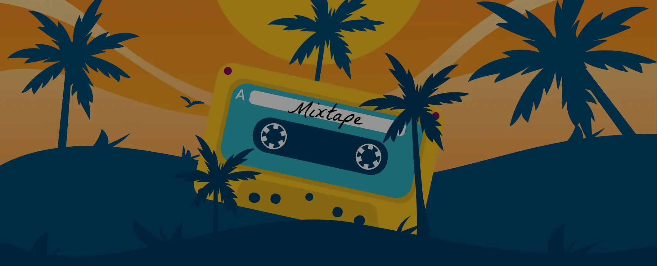 illustration graphic of cassette tape with palm trees and sunset 