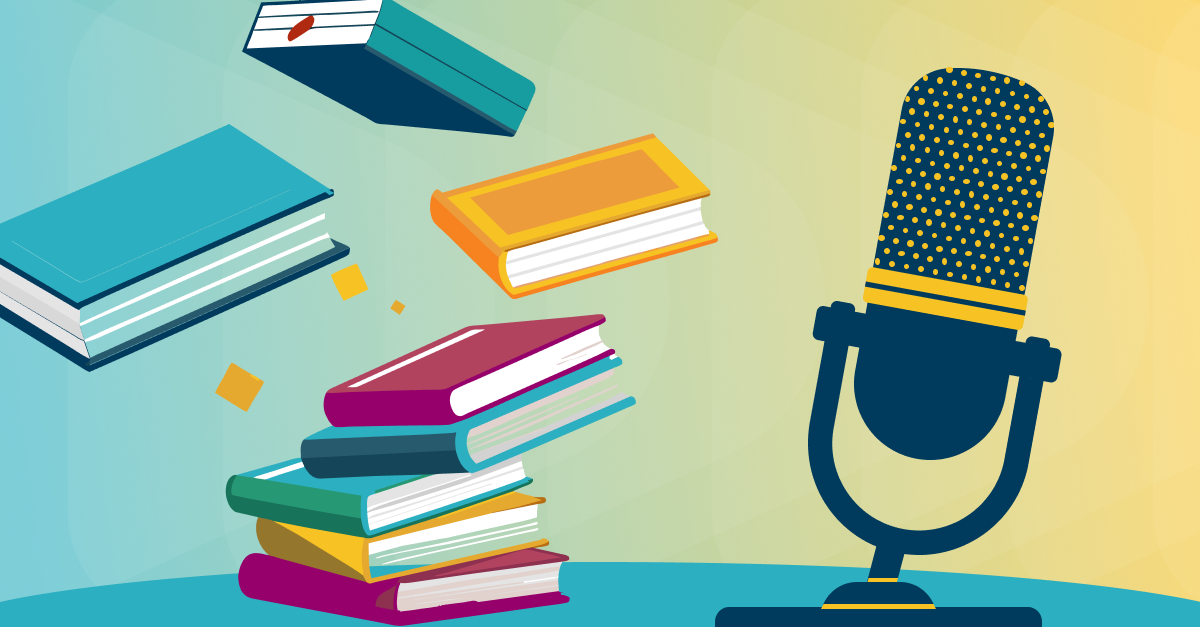 Books falling into place next to a podcast mic