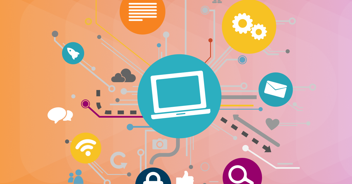 a diagram of digital tools over purple and orange gradient