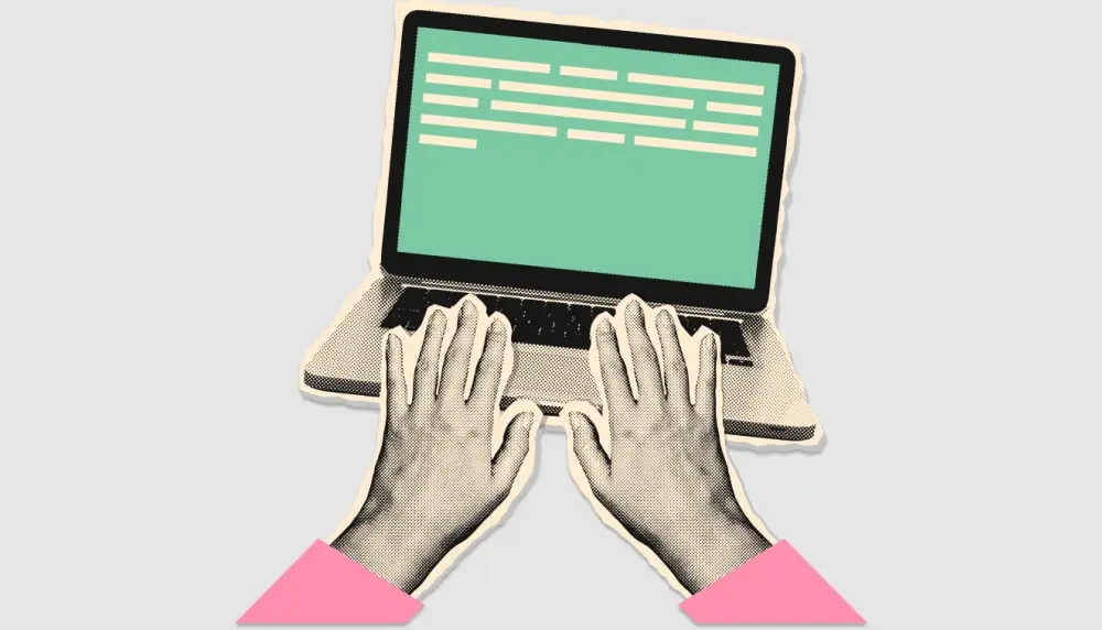Graphic of textured hands typing on laptop. Gray background. 