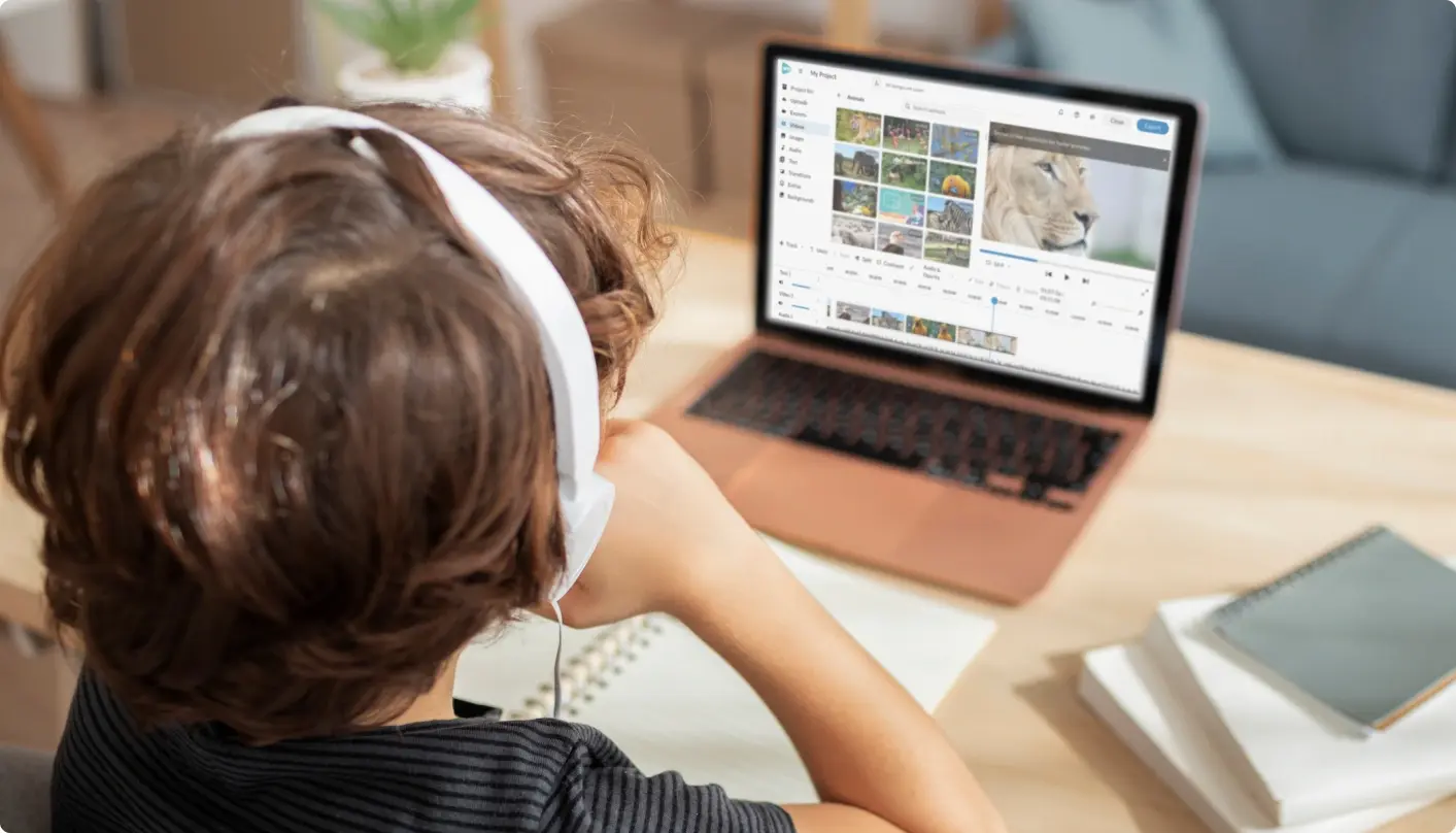 Image of young student learning on a laptop in a flipped classroom setting.