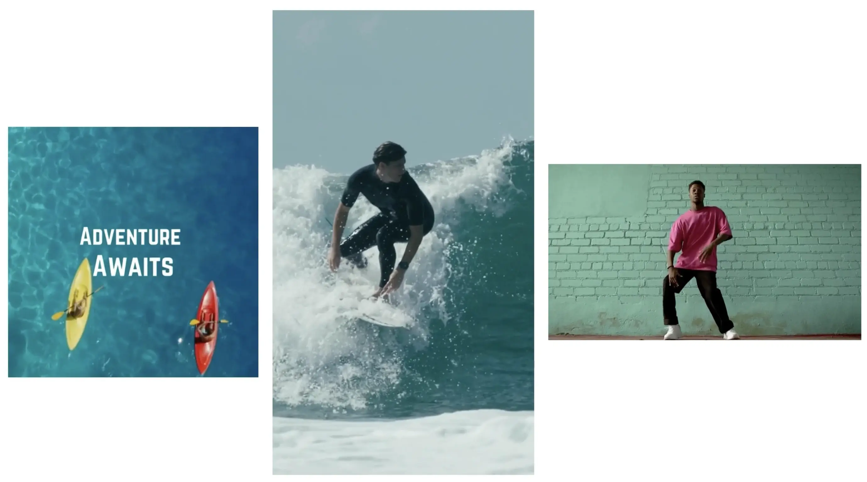 Grid of three screens: One with kayaks that says, 