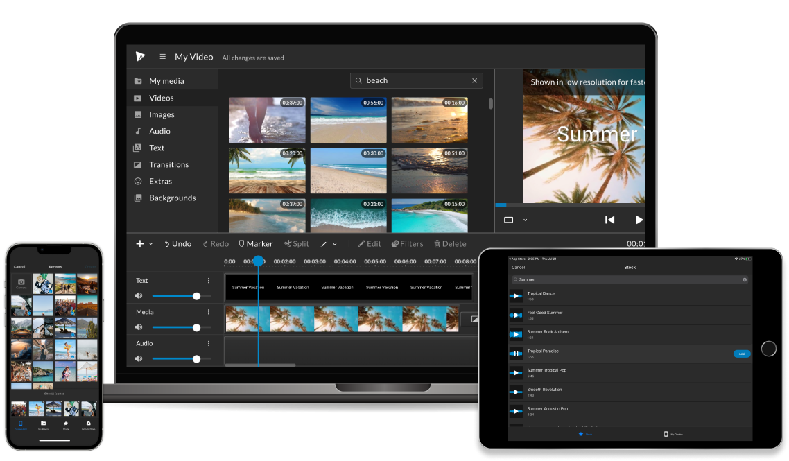 WeVideo online video editor on laptop, tablet, and mobile. 