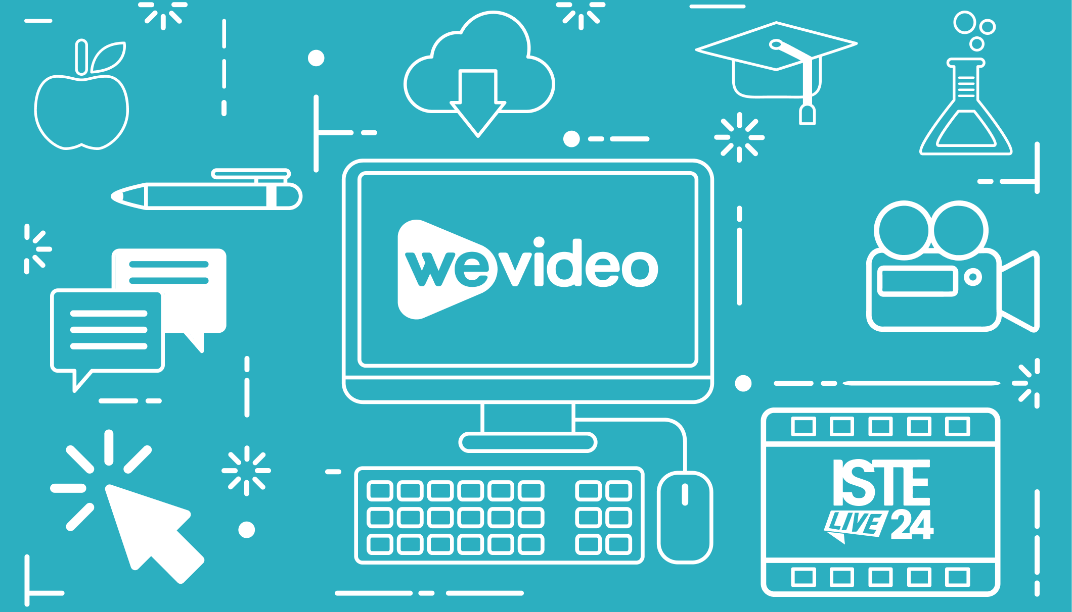 Teal background. White tech icons, including computer, pen, apple, graduation cap, and more. WeVideo and ISTELive 24 logos.