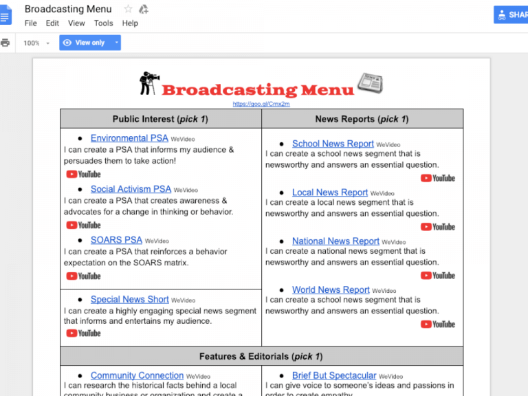 Broadcasting choice menu
