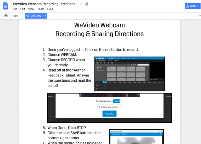 WeVideo webcam recording directions Google Doc