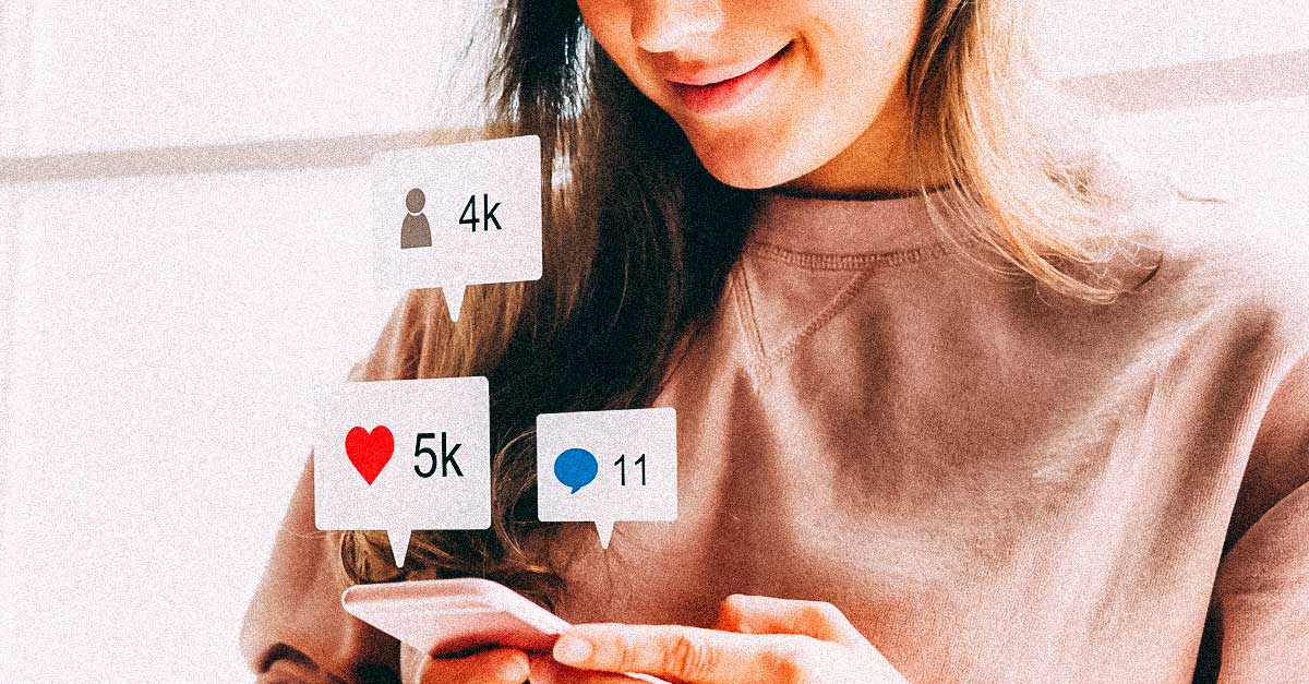 Woman browsing Instagram stories with hearts, comments, and followers floating up from phone