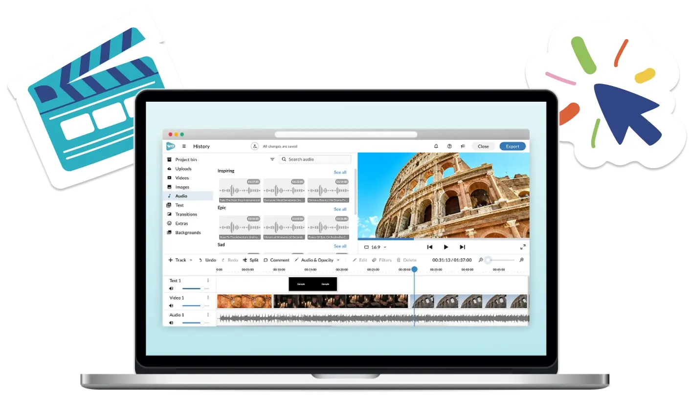 Laptop with video editor on the screen