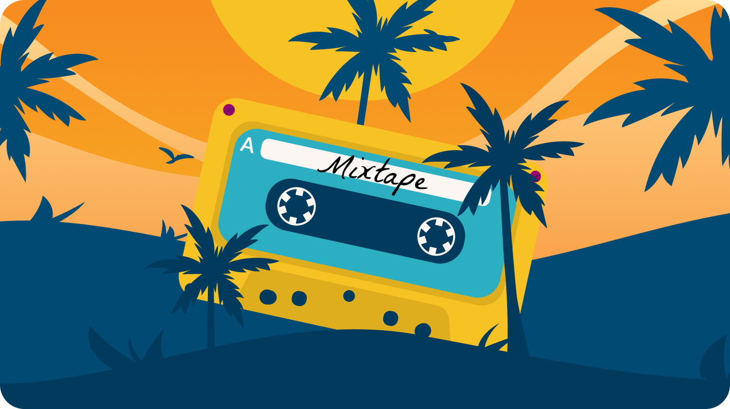 tape with sunset gradient background and palm trees