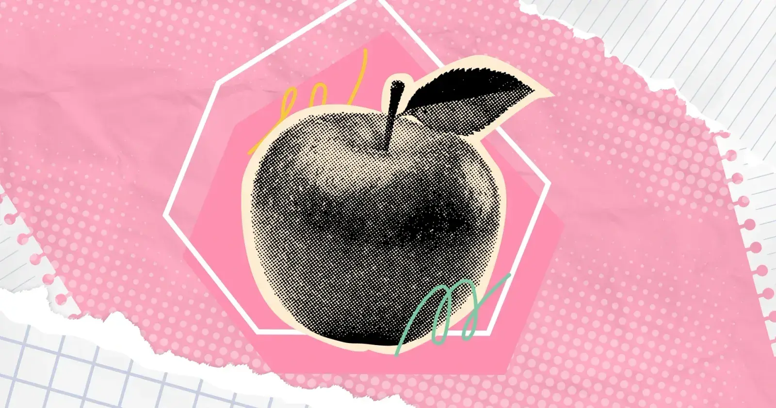 Gray, textured apple graphic against pink background. 