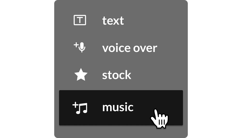 Video editing menu showing options for text, voice, stock, and music