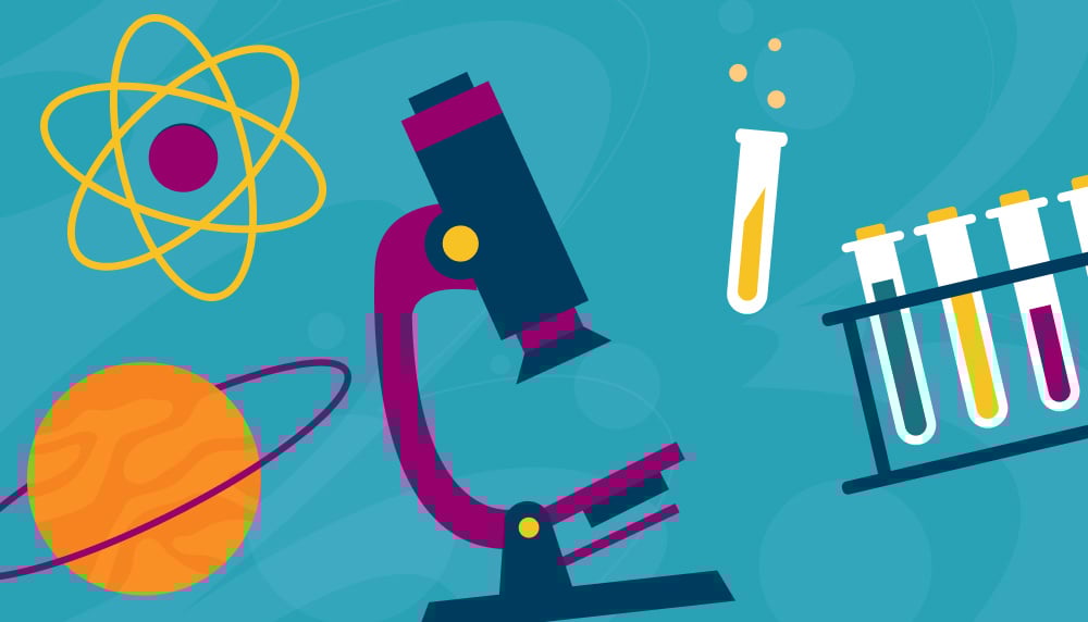 Illustration of a microscope, saturn, ATOM and test tubes floating on a teal background