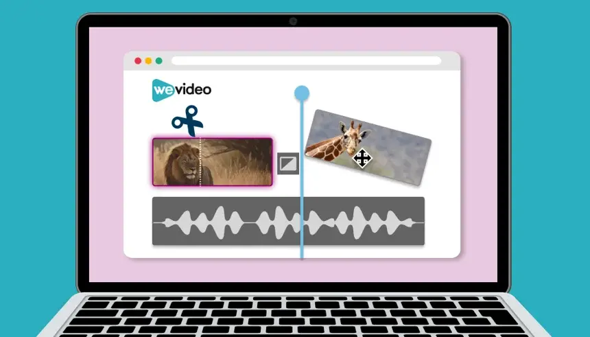 Clips being edited together on open laptop. Teal background.