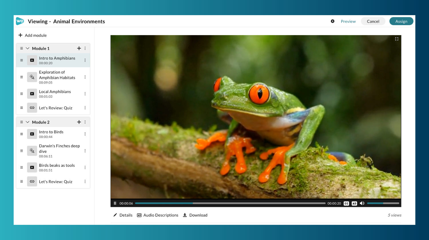 Sequenced video lessons in a unified workspace