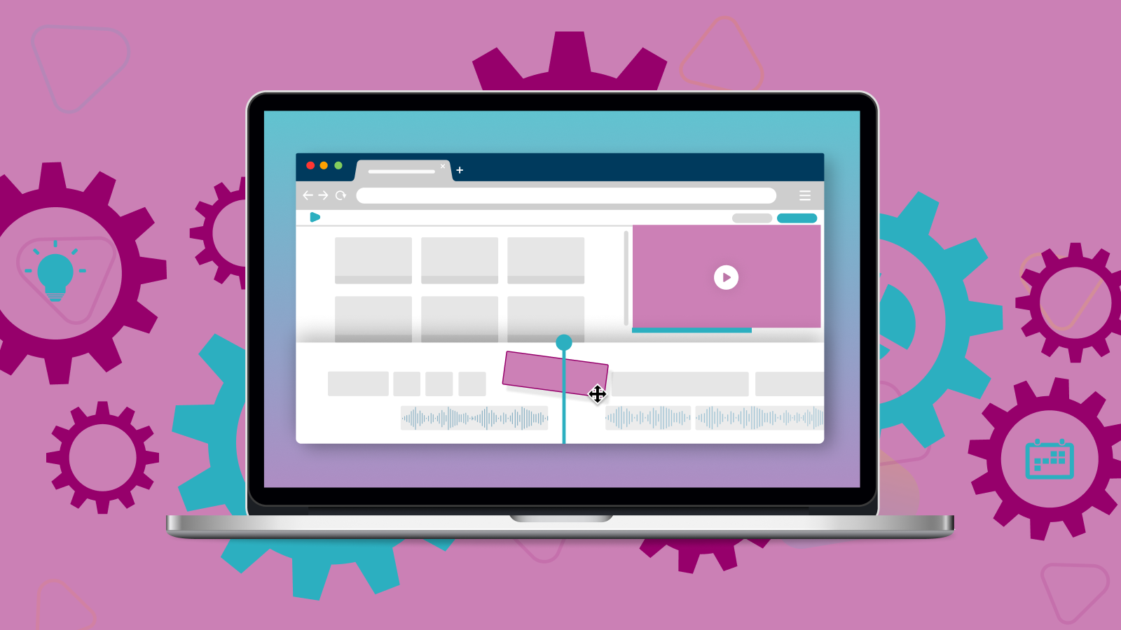 Illustration of laptop with WeVideo open on it. Graphic gears in background.