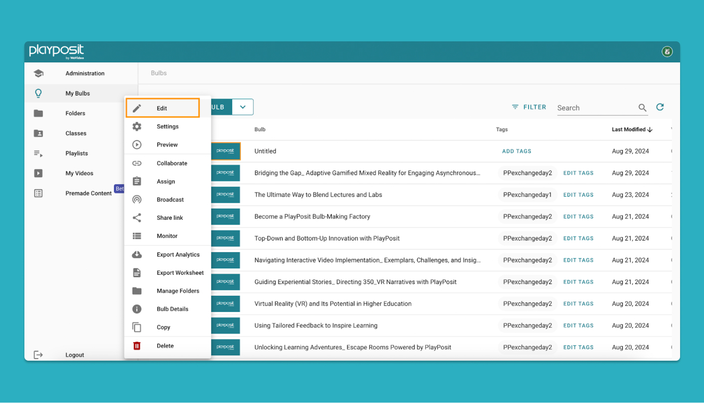 Playposit UI showing list of hosted videos