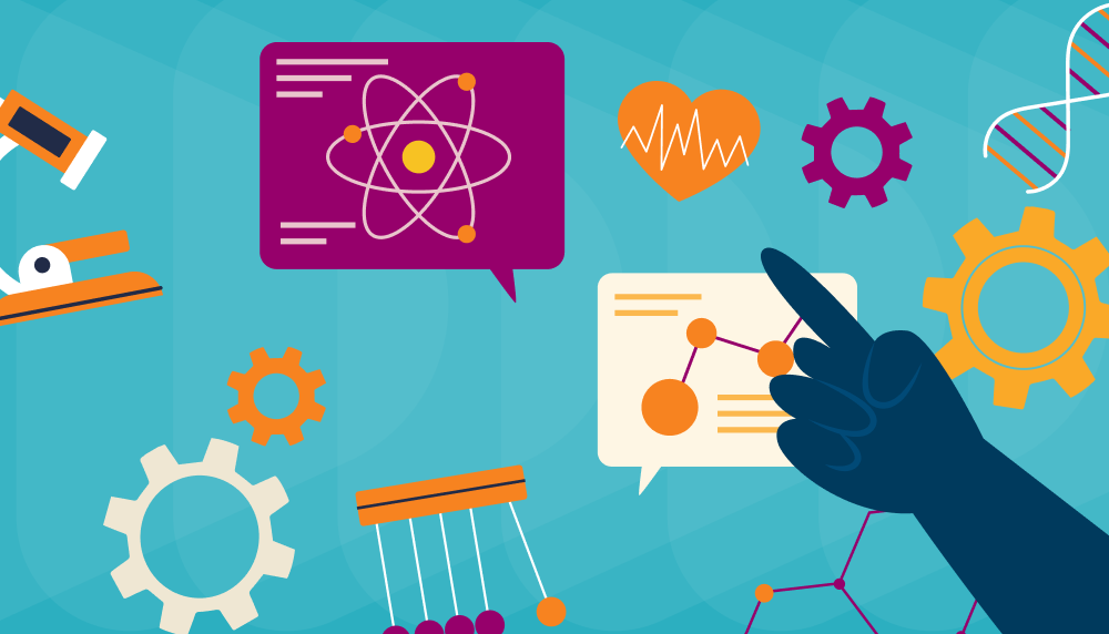 Illustration of science icons and a hand over blue background