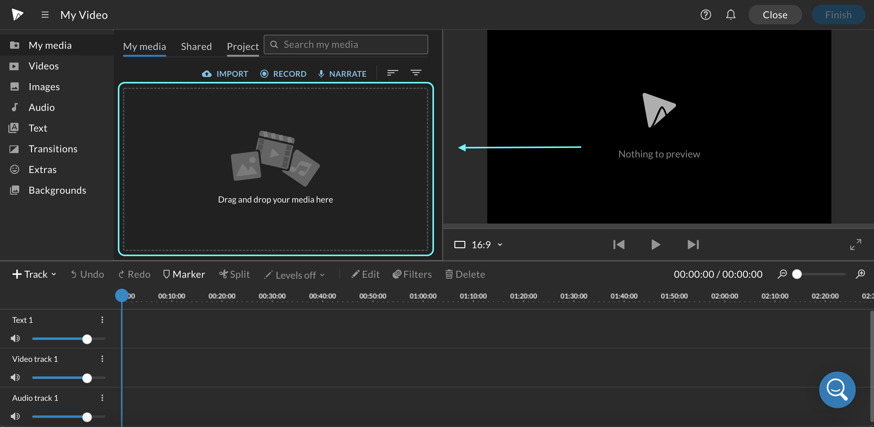 Blue arrow pointing towards "Drag and drop your media here" in the WeVideo timeline editor.