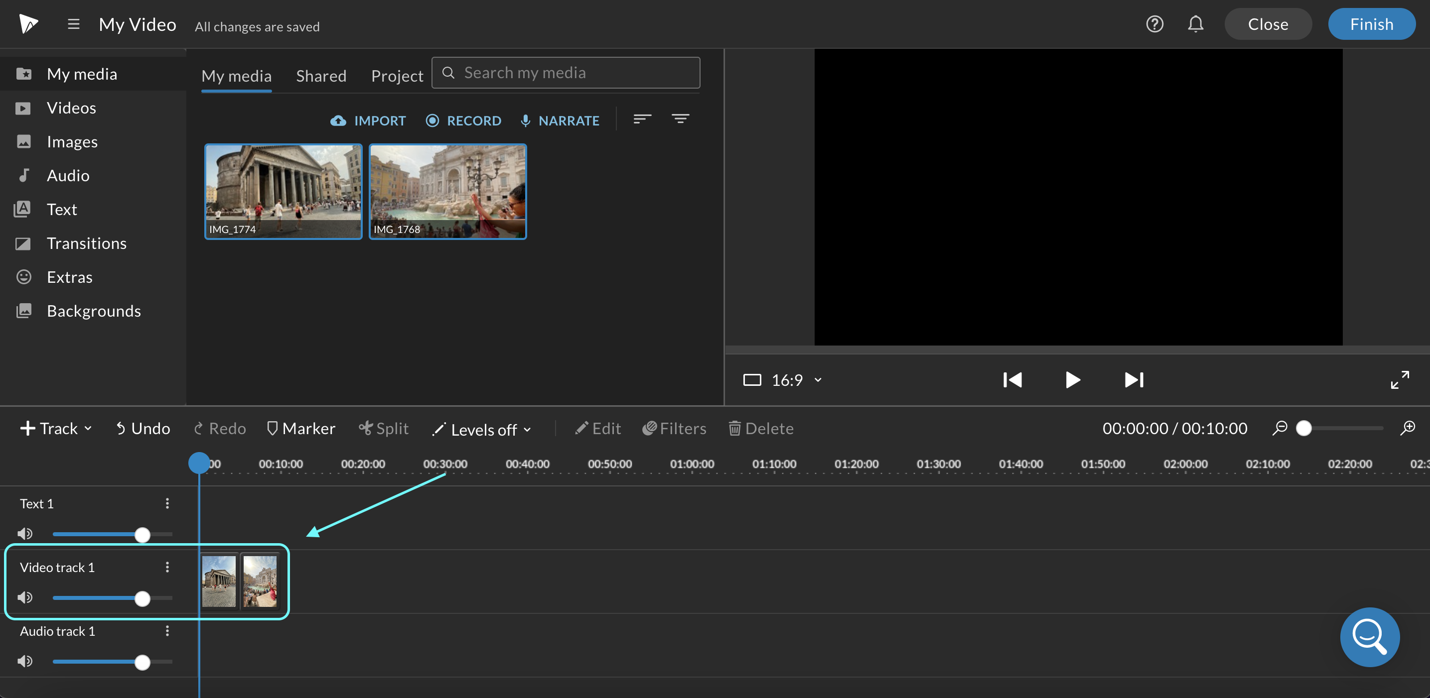 Blue arrow pointing towards "Video track 1" in the WeVideo timeline editor.