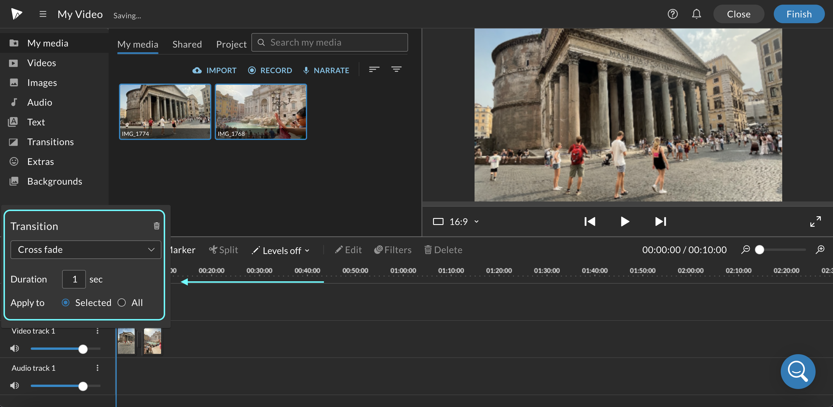 Blue arrow pointing towards the "Transition" pop-up window in the WeVideo timeline editor.