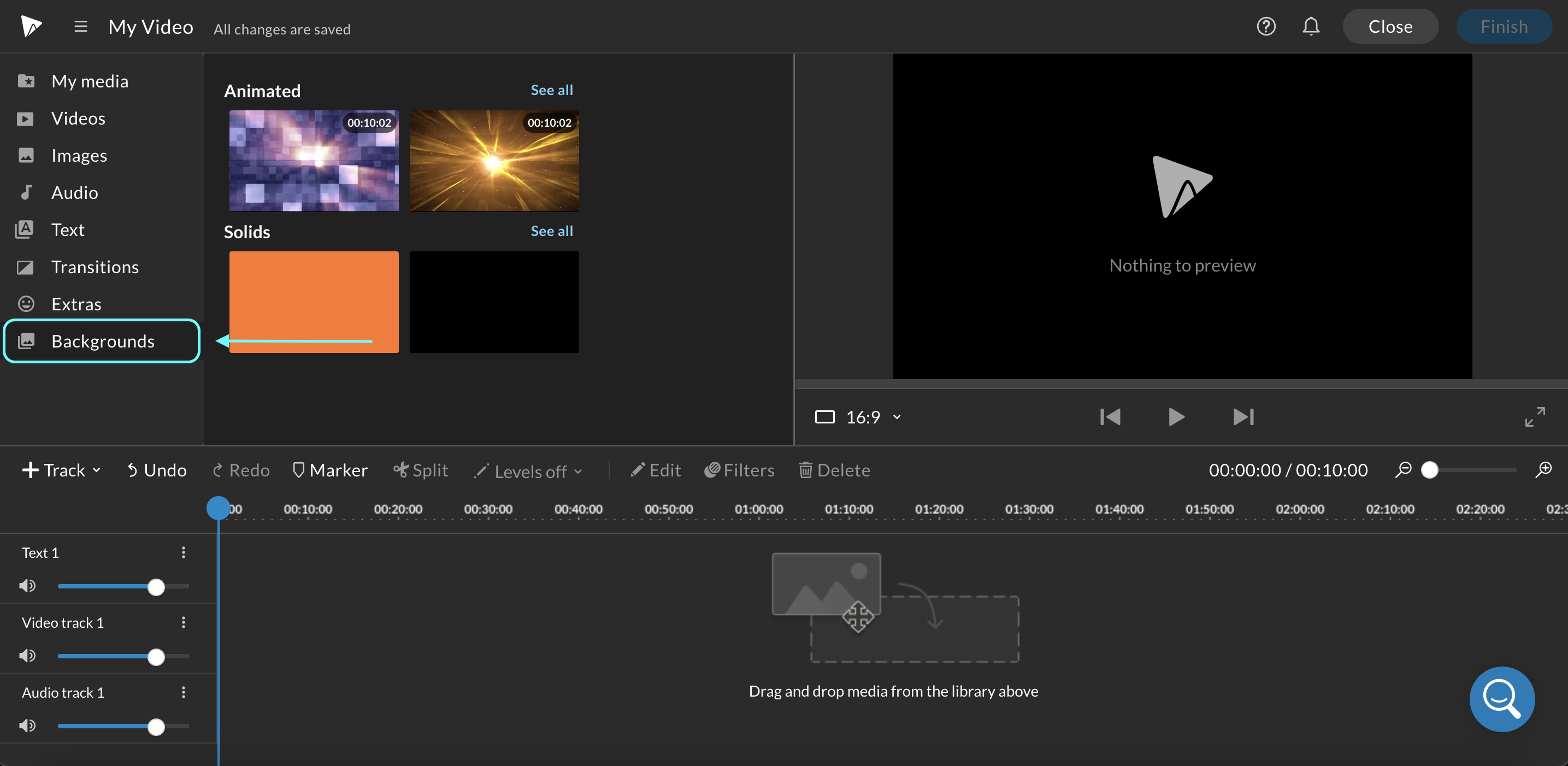 Blue arrow pointing towards the "Backgrounds" tab in the WeVideo timeline editor.