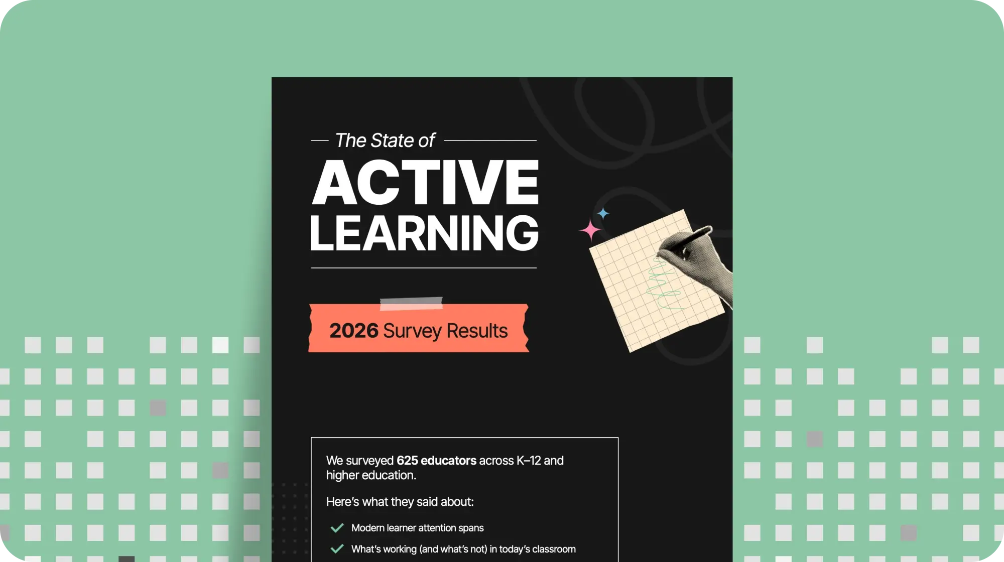 Cover of 'The State of Active Learning – 2026 Survey Results,' featuring the 'Lecture is Dead' brand on a dark background with handwritten-style typography and notebook imagery.