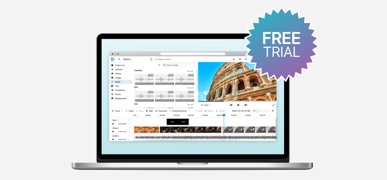 WeVideo open on laptop. Free trial star in the top right corner