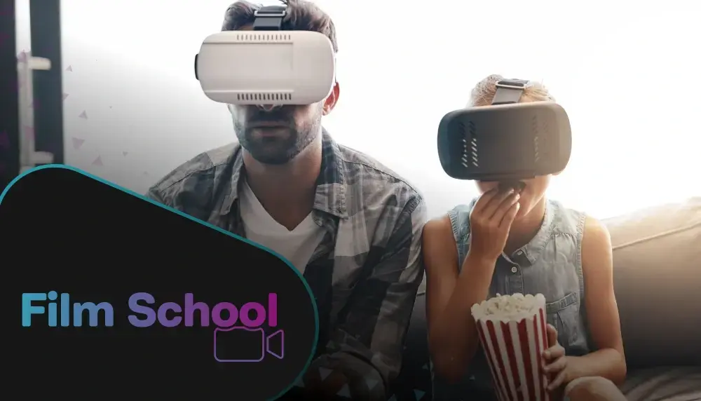 Two young people watching something on VR headsets. WeVideo Film School logo in bottom left corner. 