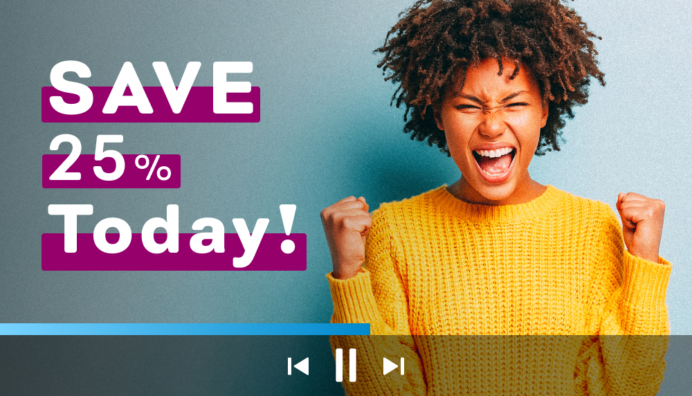 Mockup of video player with 25% discount video ad
