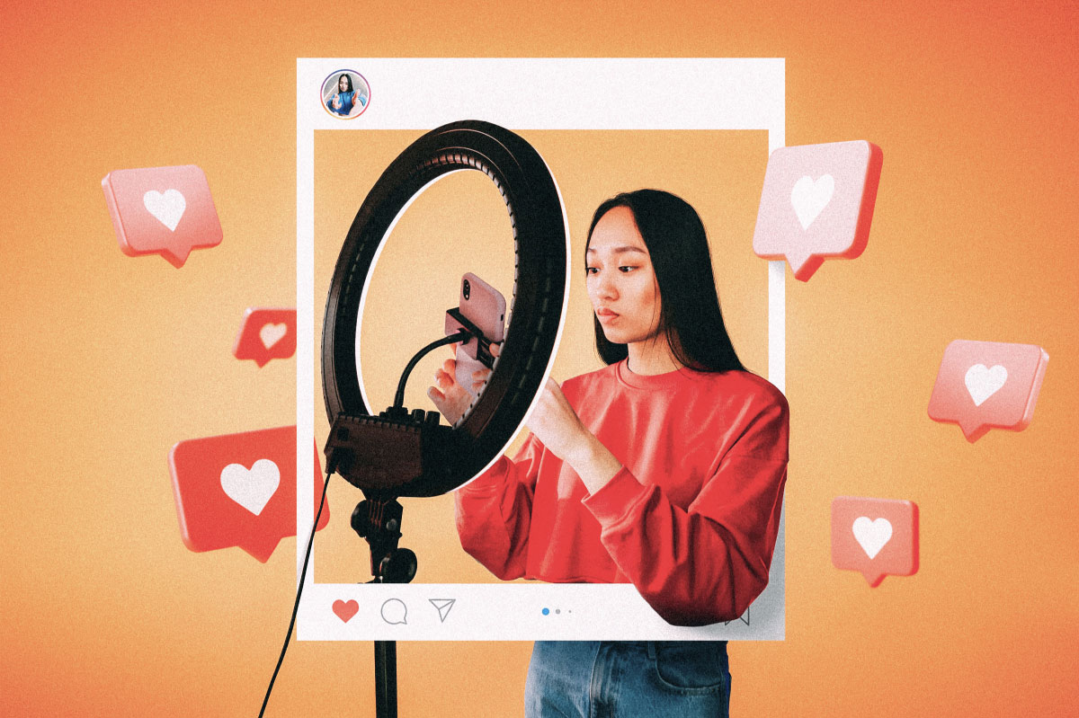 Woman with ring light filming for Instagram with stylized hearts floating around