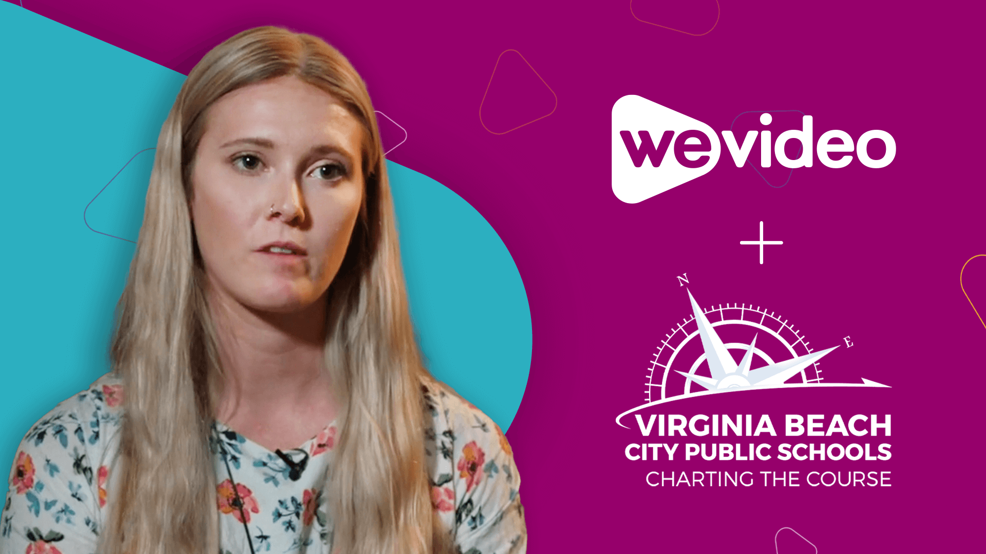 Rachel Pritchett, German teacher at Virginia Beach Public Schools against a purple and blue banner and white WeVideo + Virginia Beach City Public Schools logos