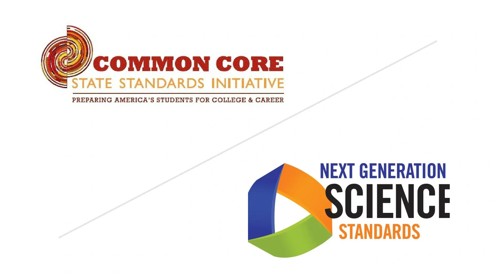 Common Core and Next Generation Science Standards logos stacked diagonally on top of each other. 
