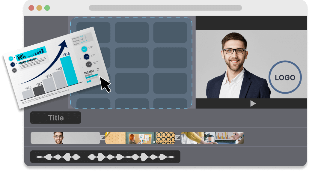 WeVideo editor graphic, showing various capabilities including moving assets on Timeline, adding text and music, and adding your logo to videos. 