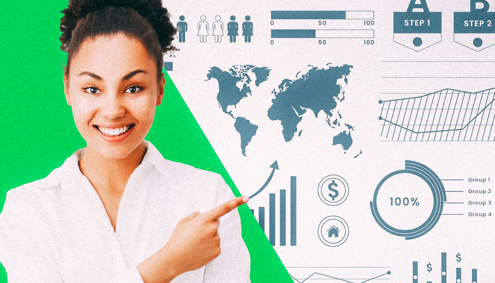 Woman standing in front of green screen with infographic replacing it